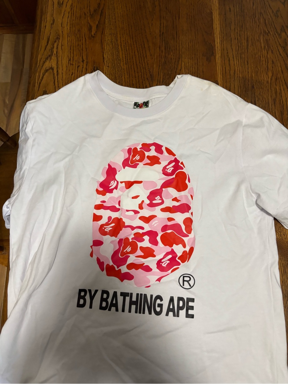 BY BATHING APE White Short-Sleeve Tee with Pink & Red Camo Ape Head